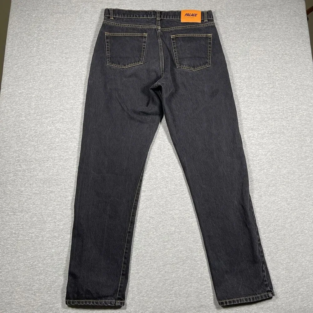 Palace Jeans Mens 34 Black Dark Wash Straight Button Fly Logo Regular Fit